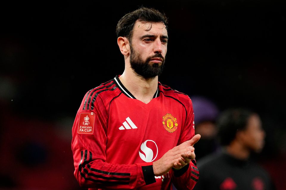 Manchester United's Bruno Fernandes at the final whistle after the FA Cup third round defeat to Brighton at Old Trafford, Manchester